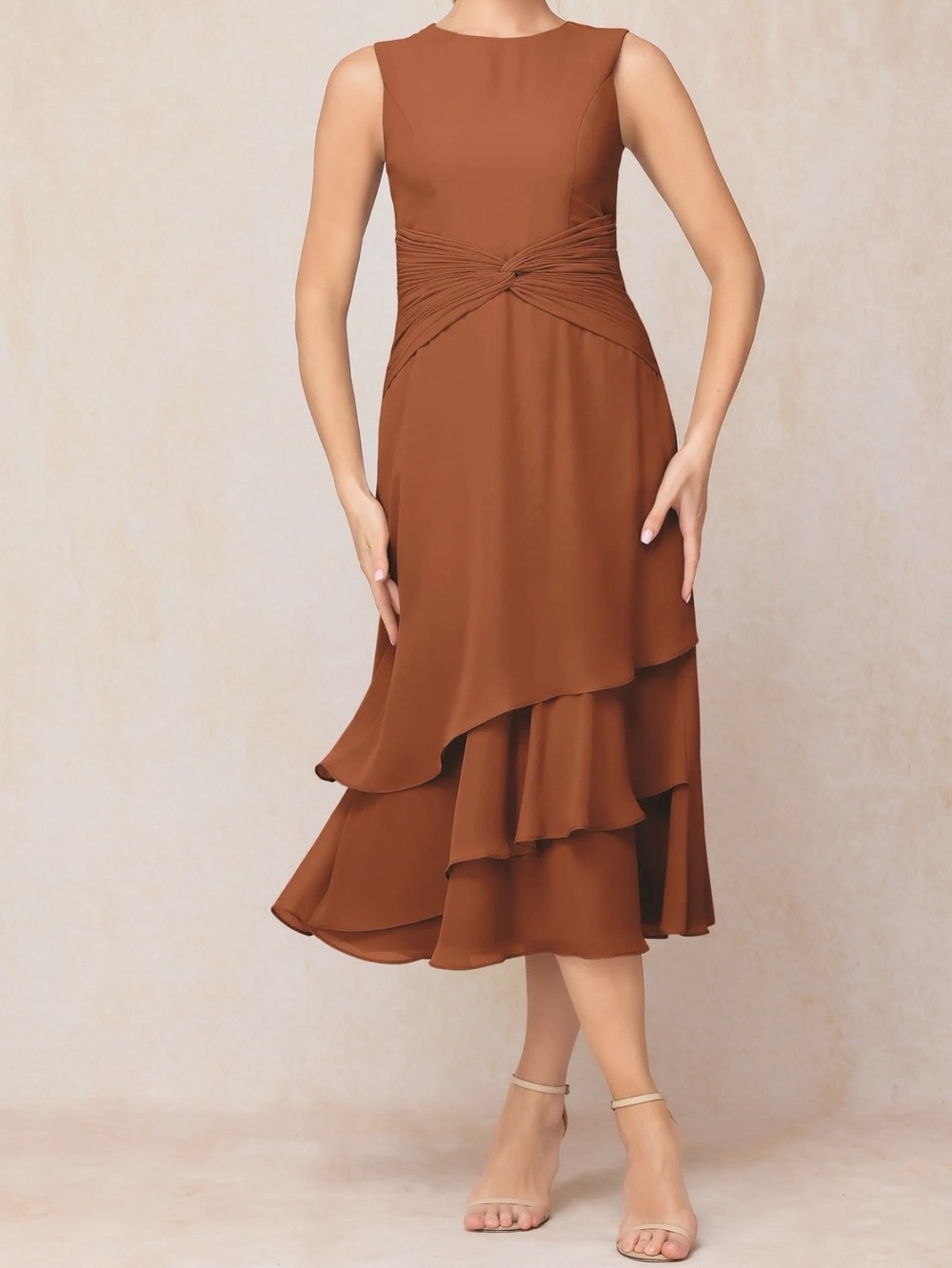 Cicinia NWT Sleeveless Twist-Waist Tea Length Dress in Warm Rust - Size 12